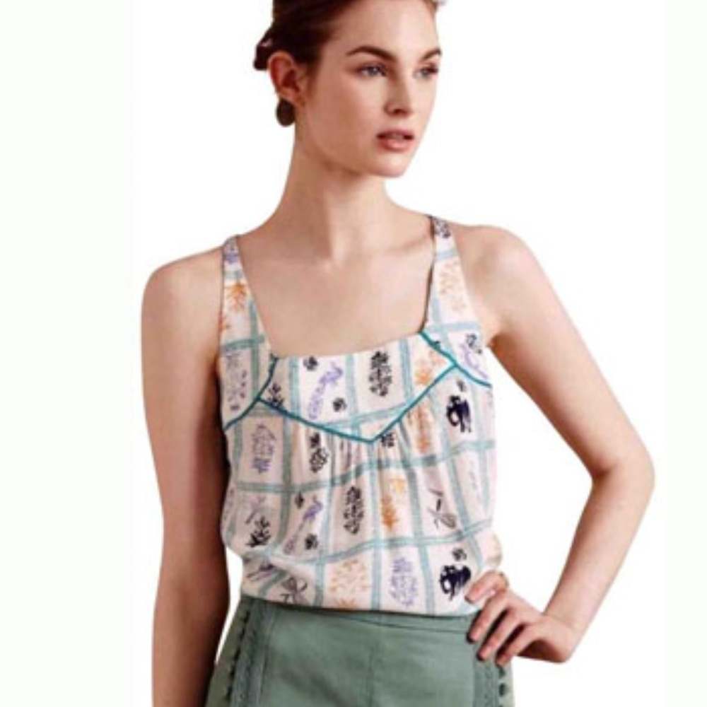 Anthropologie Maeve Elephant Tank Green and Cream